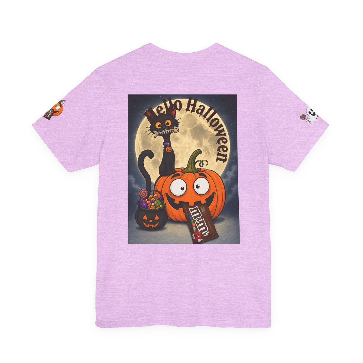 Light purple / Back, Front, sleeve design Halloween T-shirt with a black cat orange pumpkin, full moon trick or treat candy bucket with candy and "Trick or Treat" text.