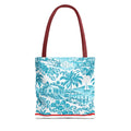 Turquoise coastal Toile Tote Bag- Palm Trees & Island Houses.