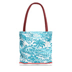 Turquoise coastal Toile Tote Bag- Palm Trees & Island Houses.