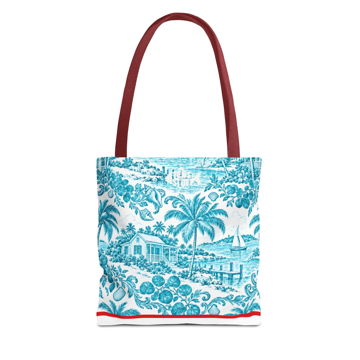 Turquoise coastal Toile Tote Bag- Palm Trees & Island Houses.