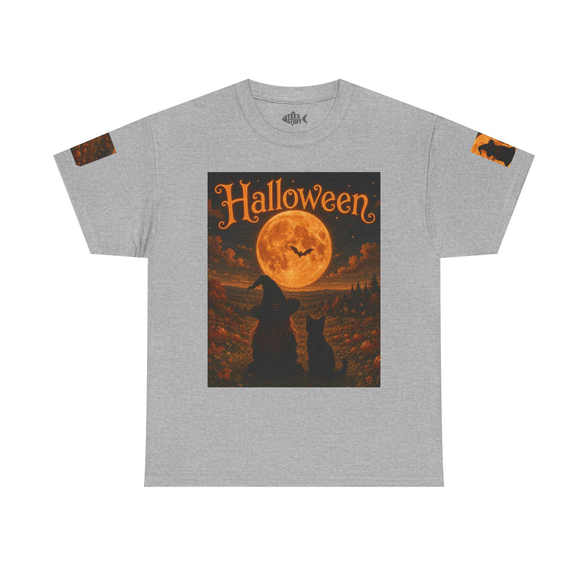Halloween Graphic Tee — "It's Halloween" Witch & Cat Moon Design