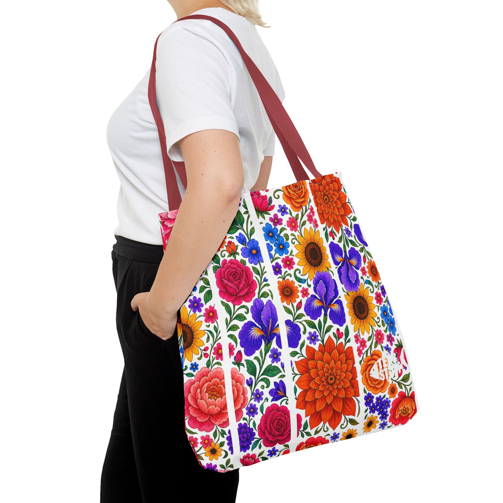 Floral Stripe Tote Bag — Bright Mexican Folk Art Flowers AOP