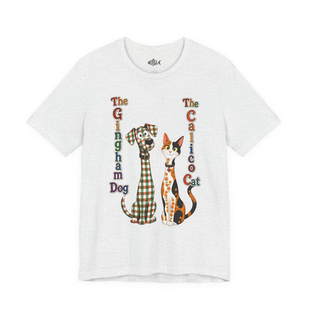 Gingham Dog & Calico Cat Tee — Plaid Pet Illustration T-Shirt