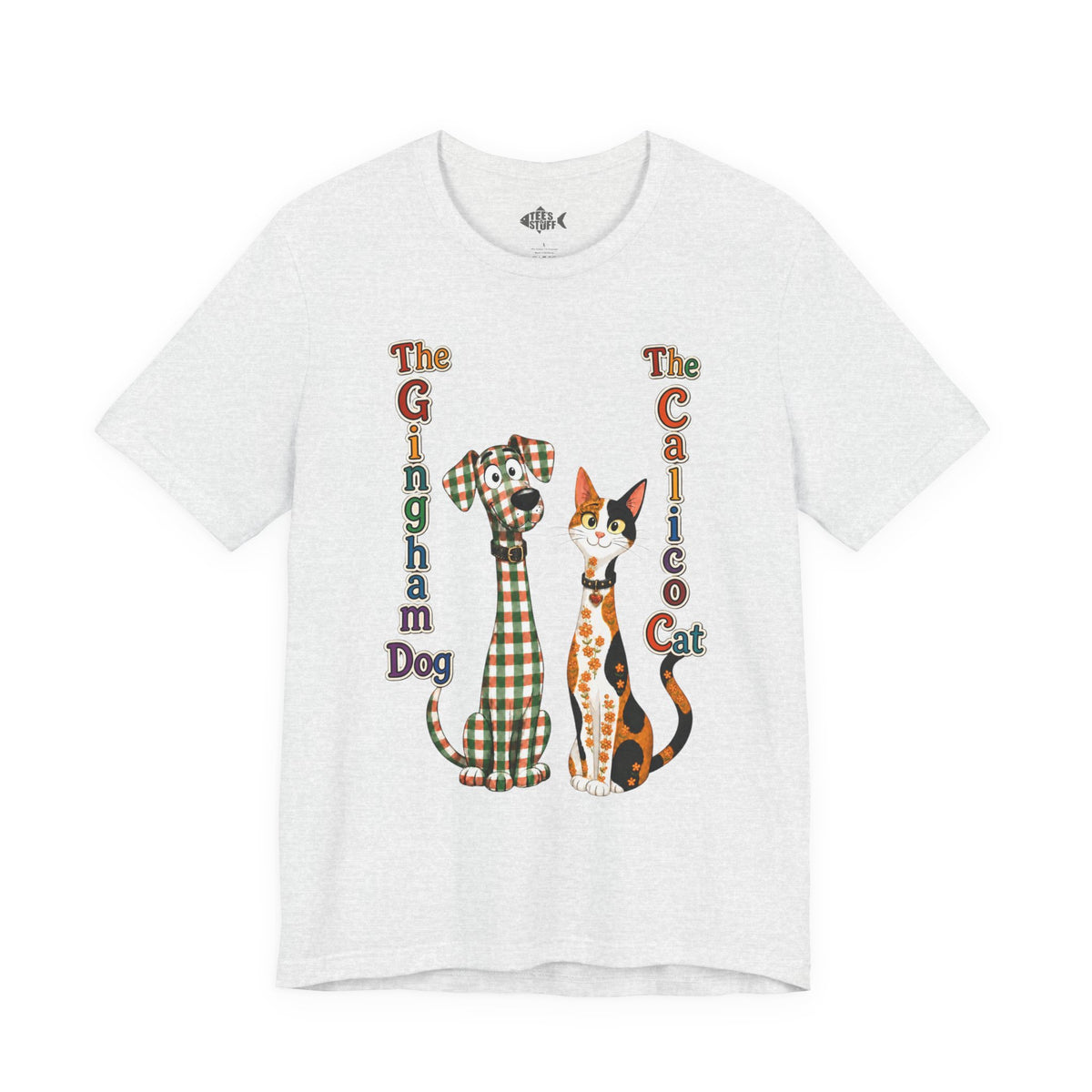 Gingham Dog & Calico Cat Tee — Plaid Pet Illustration T-Shirt