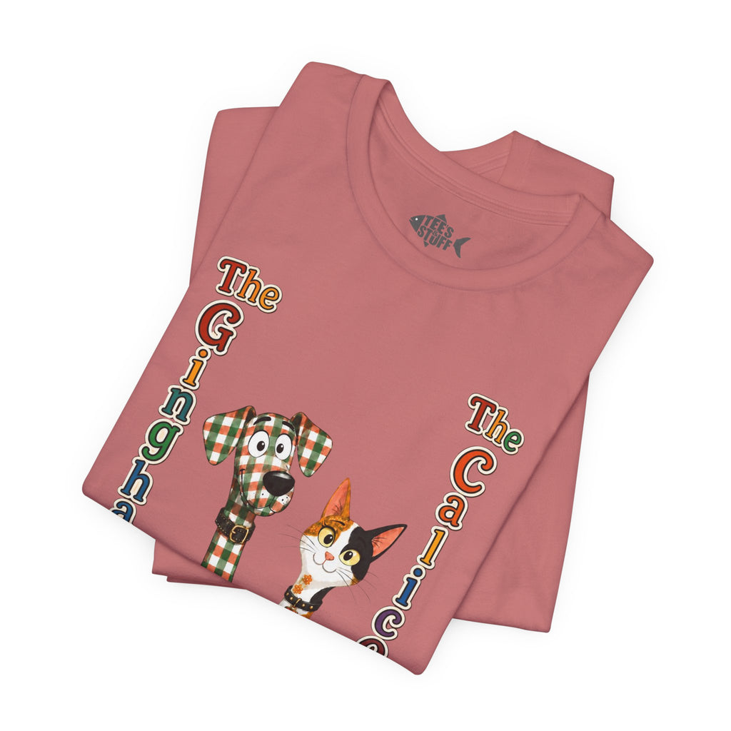 Gingham Dog & Calico Cat Tee — Plaid Pet Illustration T-Shirt