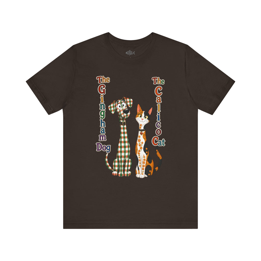 Gingham Dog & Calico Cat Tee — Plaid Pet Illustration T-Shirt