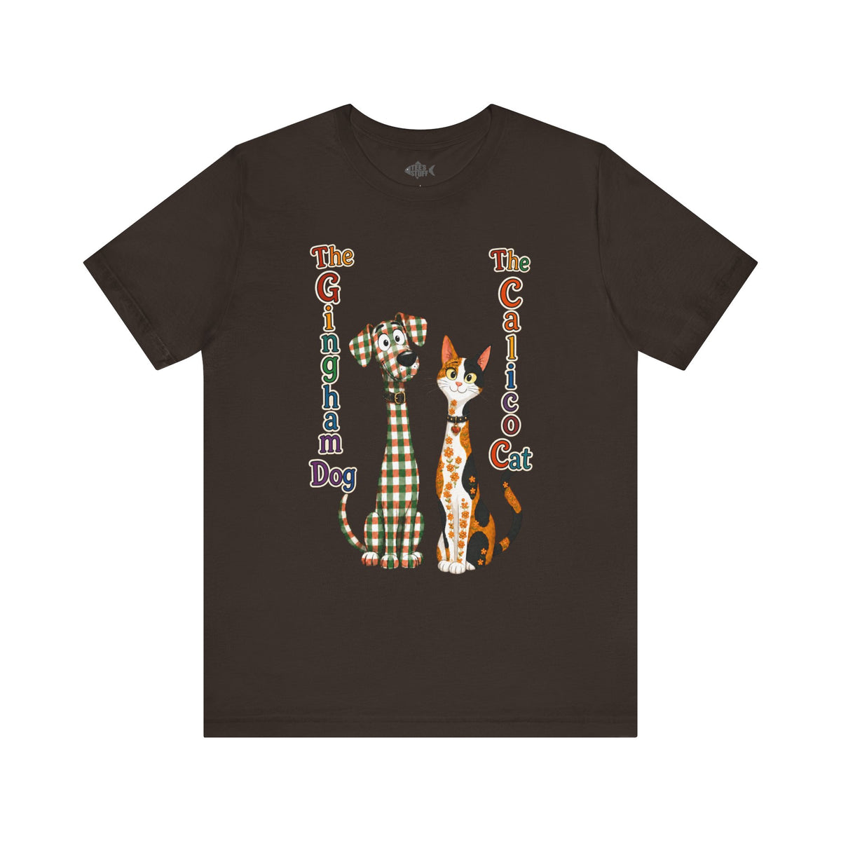 Gingham Dog & Calico Cat Tee — Plaid Pet Illustration T-Shirt