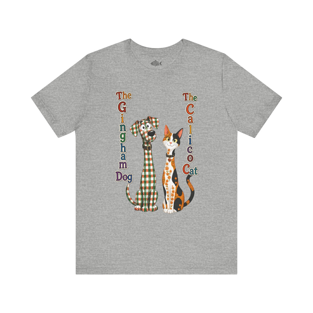 Gingham Dog & Calico Cat Tee — Plaid Pet Illustration T-Shirt
