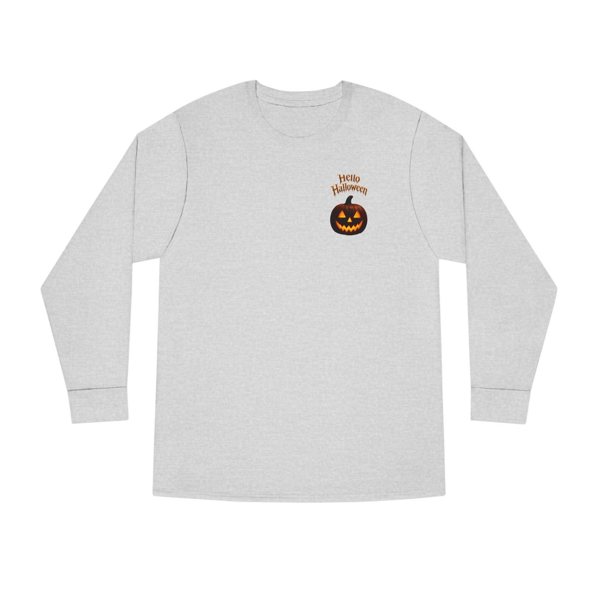Halloween Cat Long Sleeve Tee — 'Hello Halloween' Jack-O'-Lantern Graphic