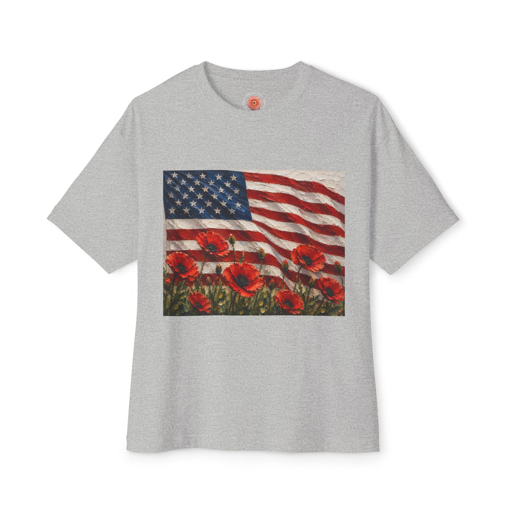 American Flag Poppy Tee Shirt -Unisex Oversized Boxy Tee