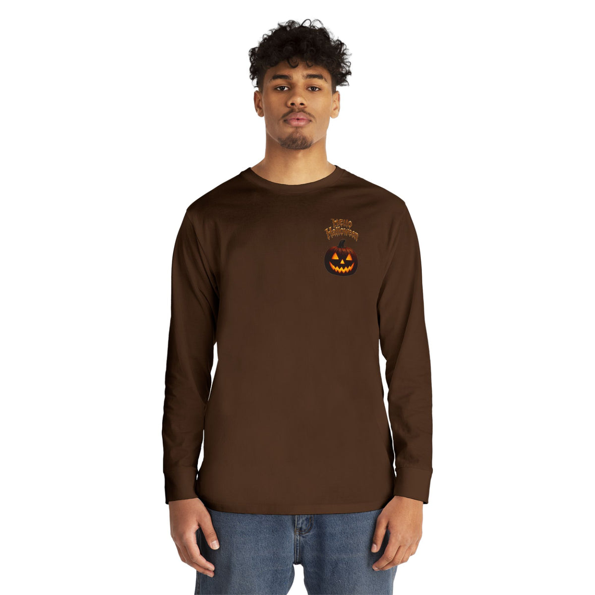 Halloween Cat Long Sleeve Tee — 'Hello Halloween' Jack-O'-Lantern Graphic