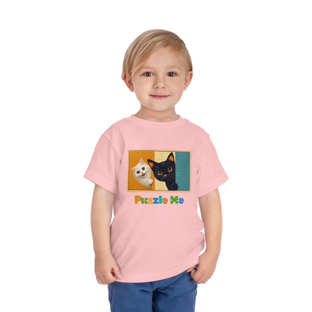 Toddler Cat Puzzle Tee — "Puzzle Me" Short Sleeve Kids Shirt