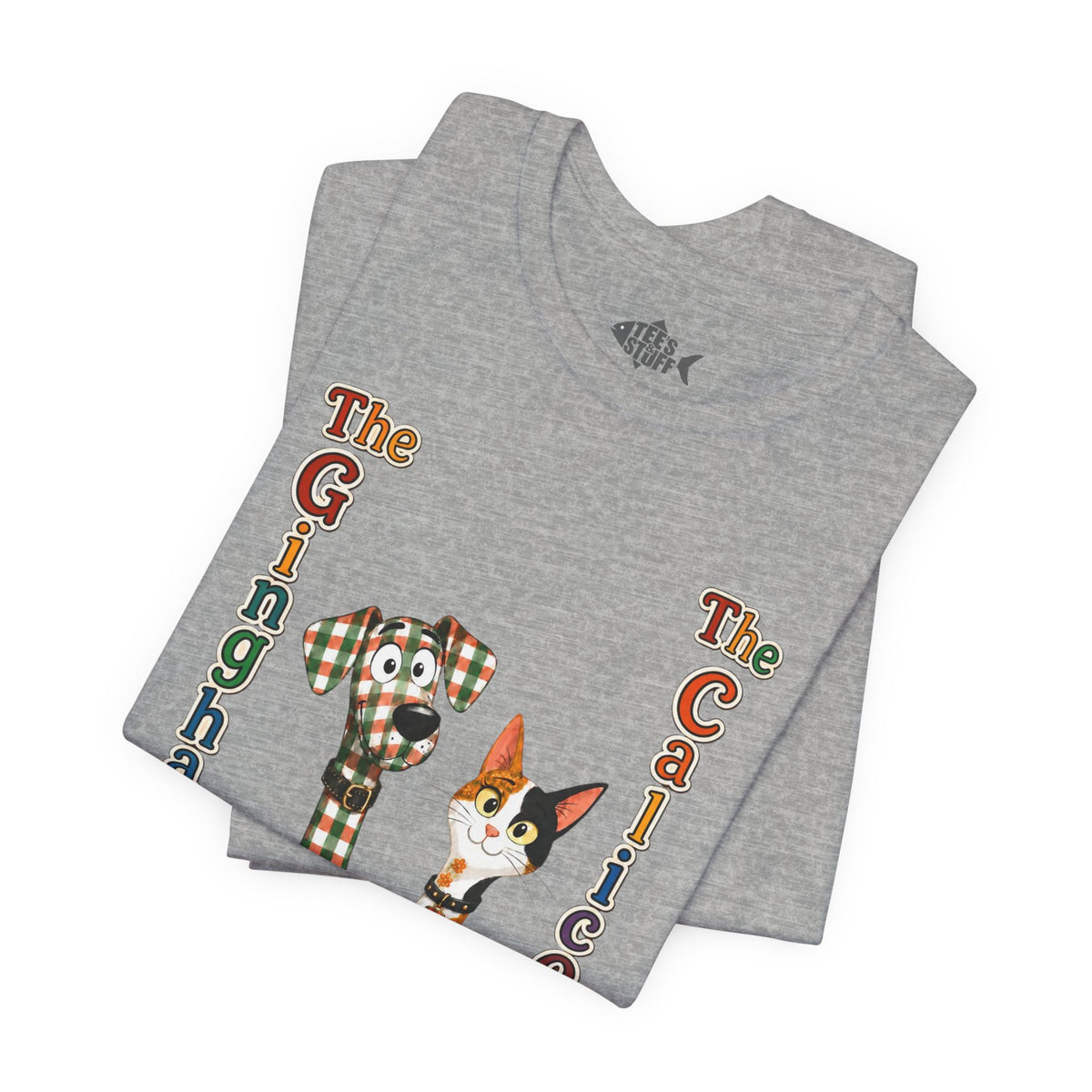Gingham Dog & Calico Cat Tee — Plaid Pet Illustration T-Shirt