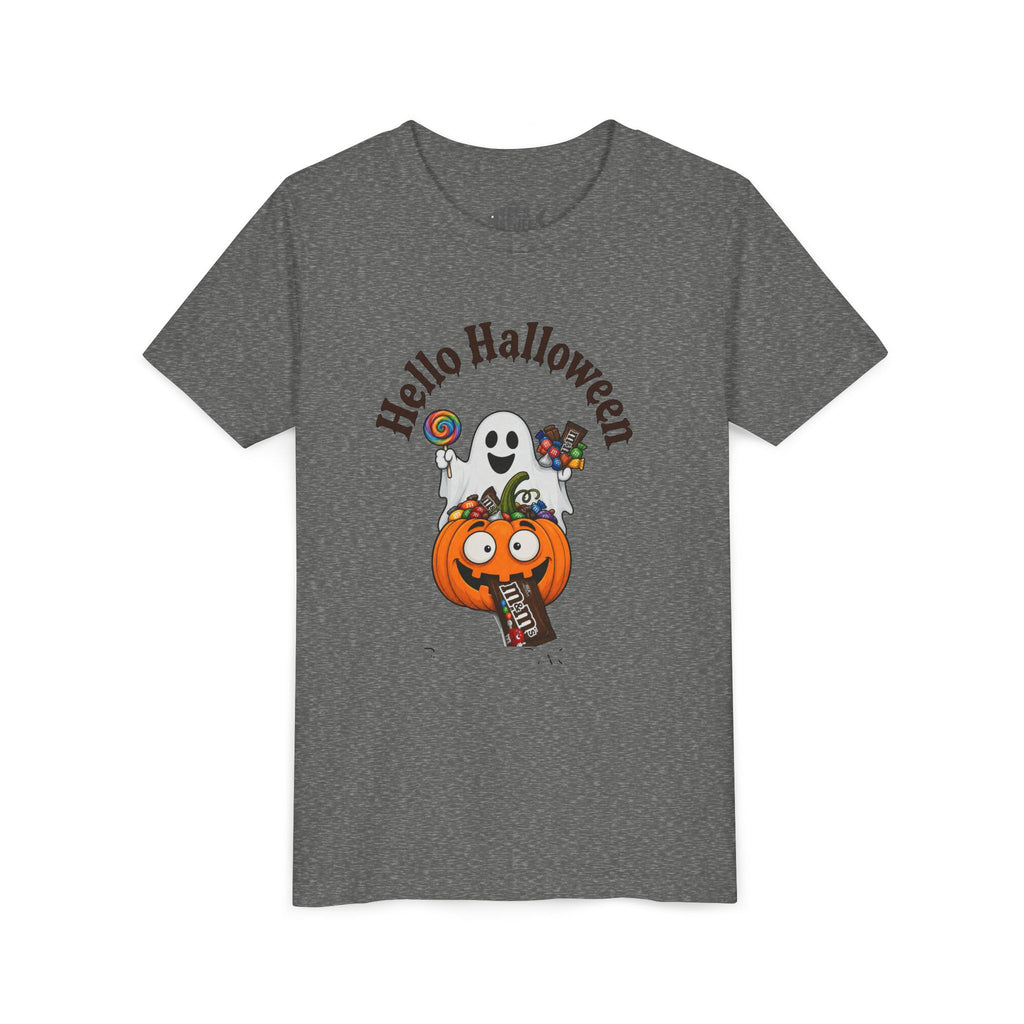 Youth Halloween Tee - "Hello Halloween" Ghost & Pumpkin Trick-or-Treat Shirt