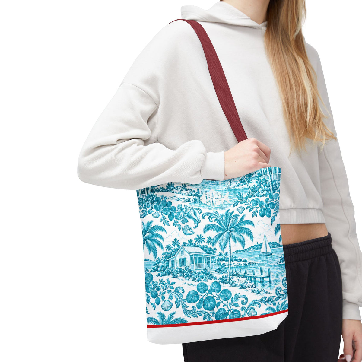 Turquoise coastal Toile Tote Bag- Palm Trees & Island Houses.