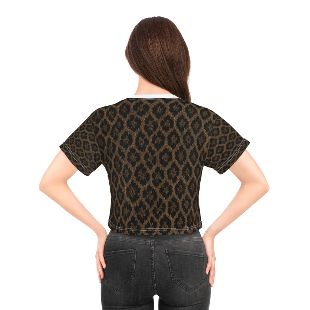 Brown Ikat Print Crop Tee — Tribal Boho Patterned Women's Crop Top