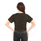 Brown Ikat Print Crop Tee — Tribal Boho Patterned Women's Crop Top