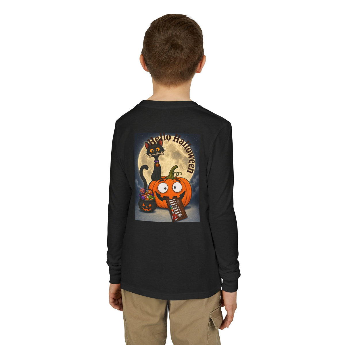 Kids' Halloween Long Sleeve Tee — 'Trick or Treat' Black Cat & Pumpkin Design
