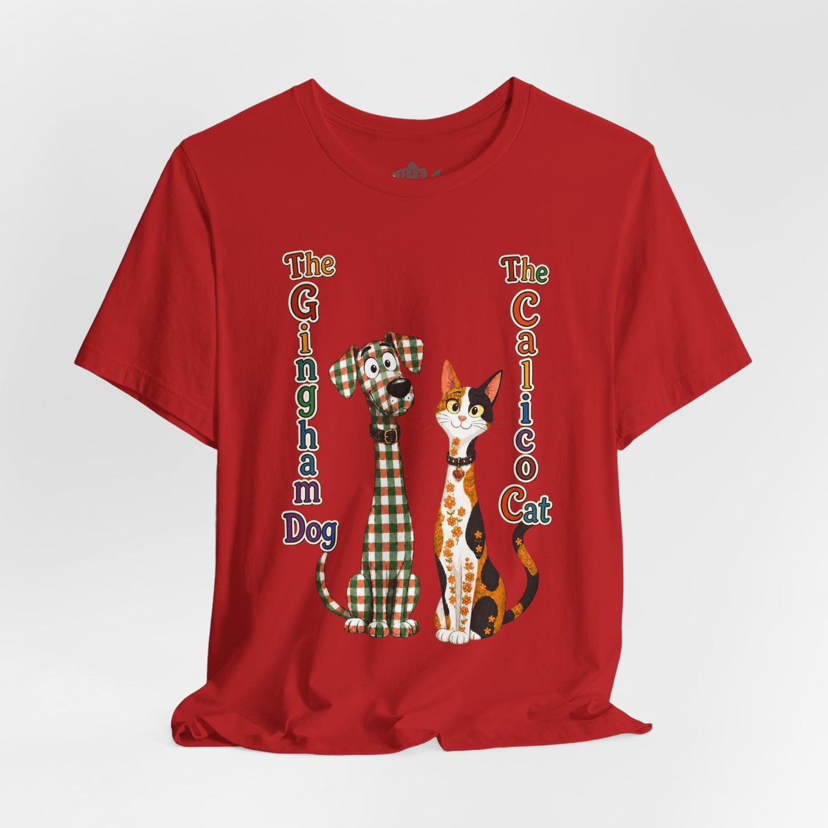 Gingham Dog & Calico Cat Tee — Plaid Pet Illustration T-Shirt