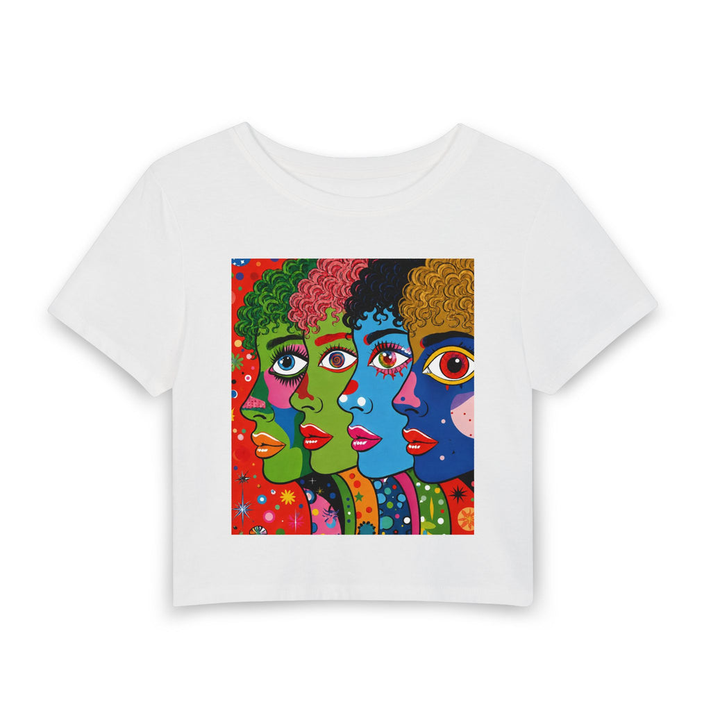 Pop Art Faces Crop Tee — Colorful Women's Baby Tee