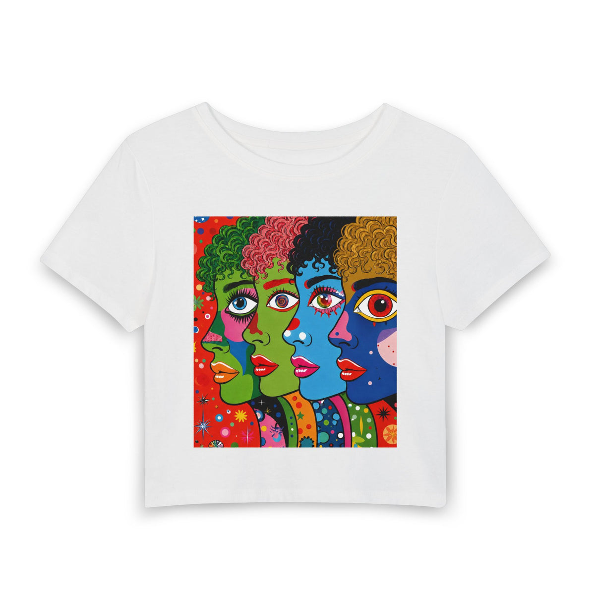 Pop Art Faces Crop Tee — Colorful Women's Baby Tee