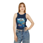 Ocean Mosaic Fish Racer Tank Top — Beachy Blue Graphic Crop Tank