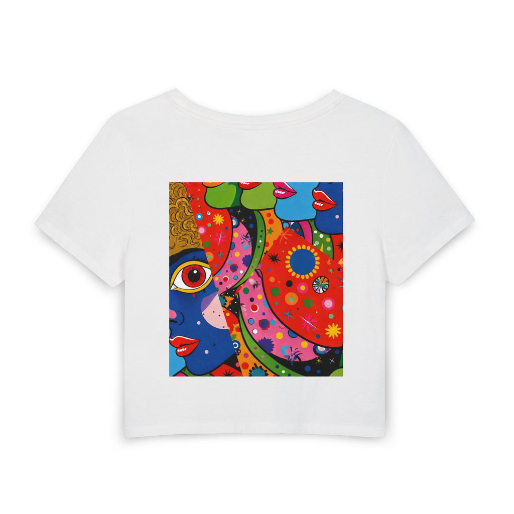 Pop Art Faces Crop Tee — Colorful Women's Baby Tee