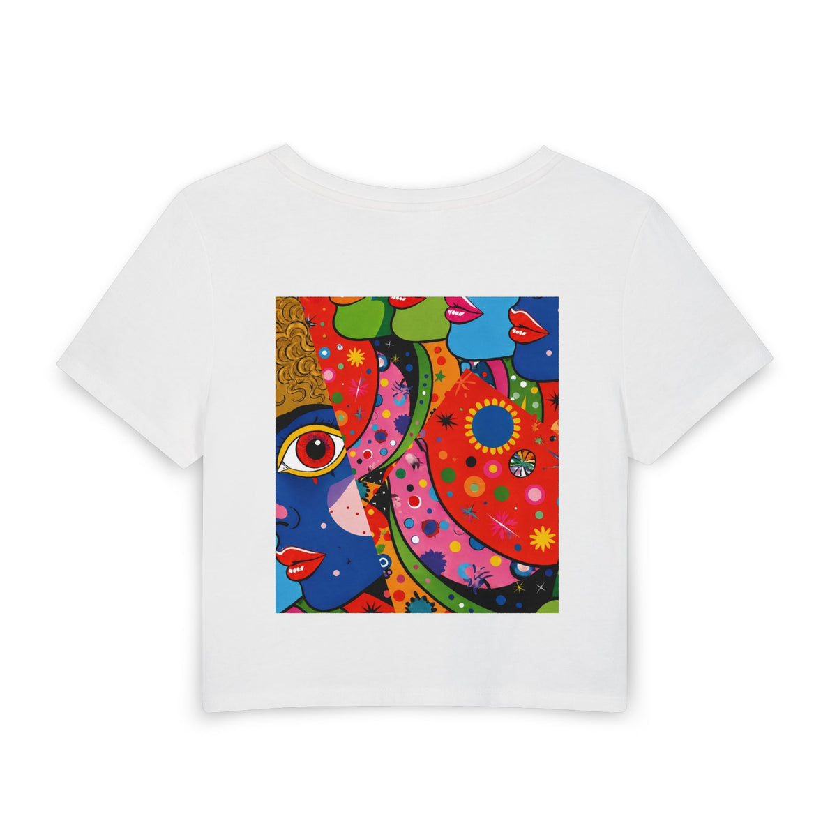 Pop Art Faces Crop Tee — Colorful Women's Baby Tee