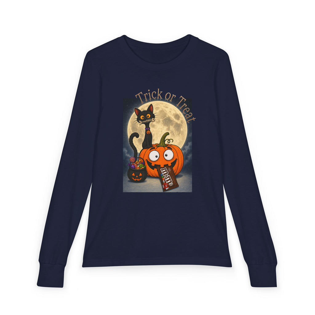 Kids' Halloween Long Sleeve Tee — 'Trick or Treat' Black Cat & Pumpkin Design