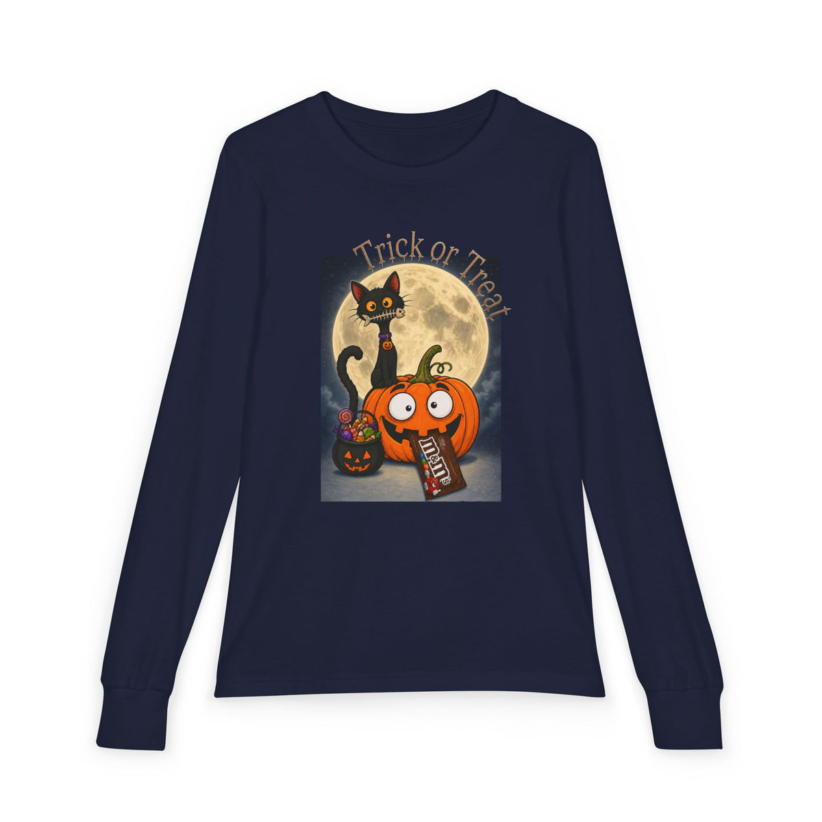 Kids' Halloween Long Sleeve Tee — 'Trick or Treat' Black Cat & Pumpkin Design