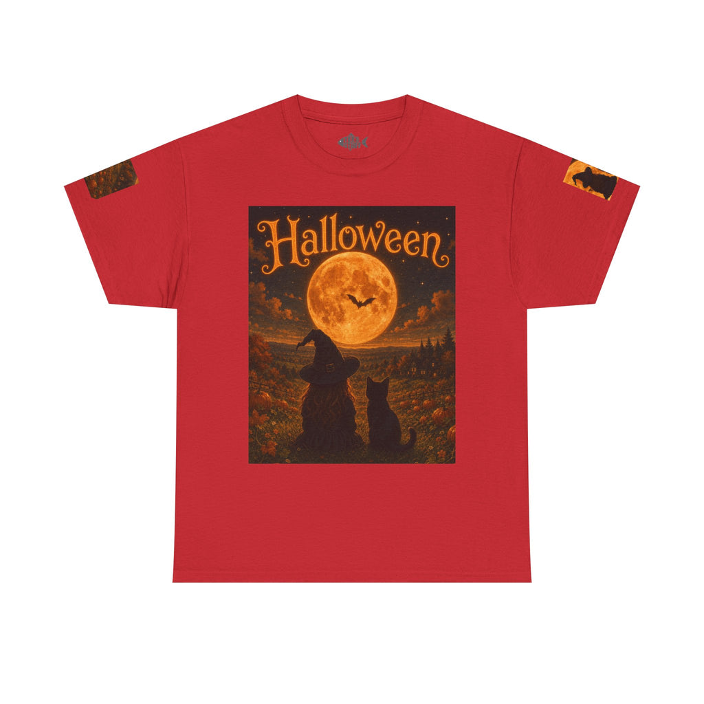 Halloween Graphic Tee — "It's Halloween" Witch & Cat Moon Design