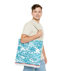 Turquoise coastal Toile Tote Bag- Palm Trees & Island Houses.