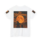 Halloween Graphic Tee — "It's Halloween" Witch & Cat Moon Design