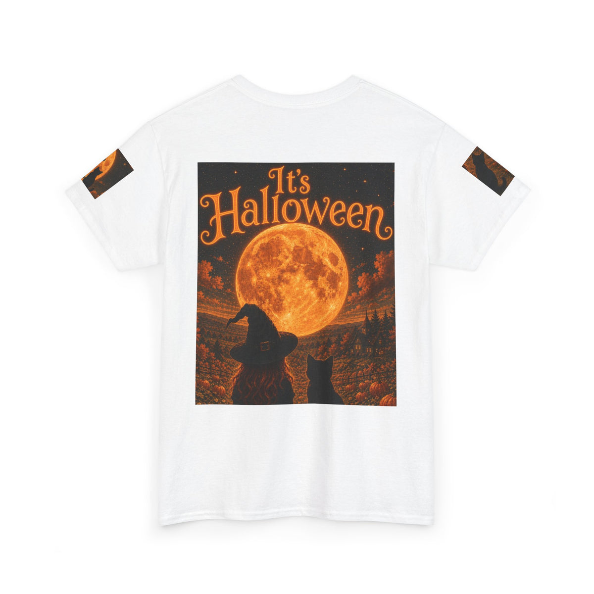 Halloween Graphic Tee — "It's Halloween" Witch & Cat Moon Design