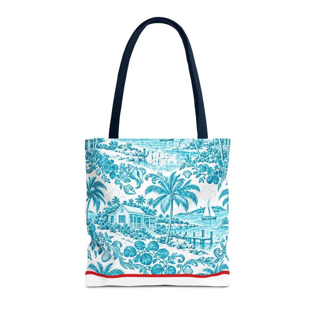 Turquoise coastal Toile Tote Bag- Palm Trees & Island Houses.