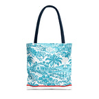 Turquoise coastal Toile Tote Bag- Palm Trees & Island Houses.