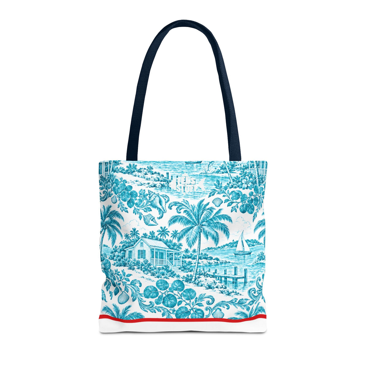 Turquoise coastal Toile Tote Bag- Palm Trees & Island Houses.