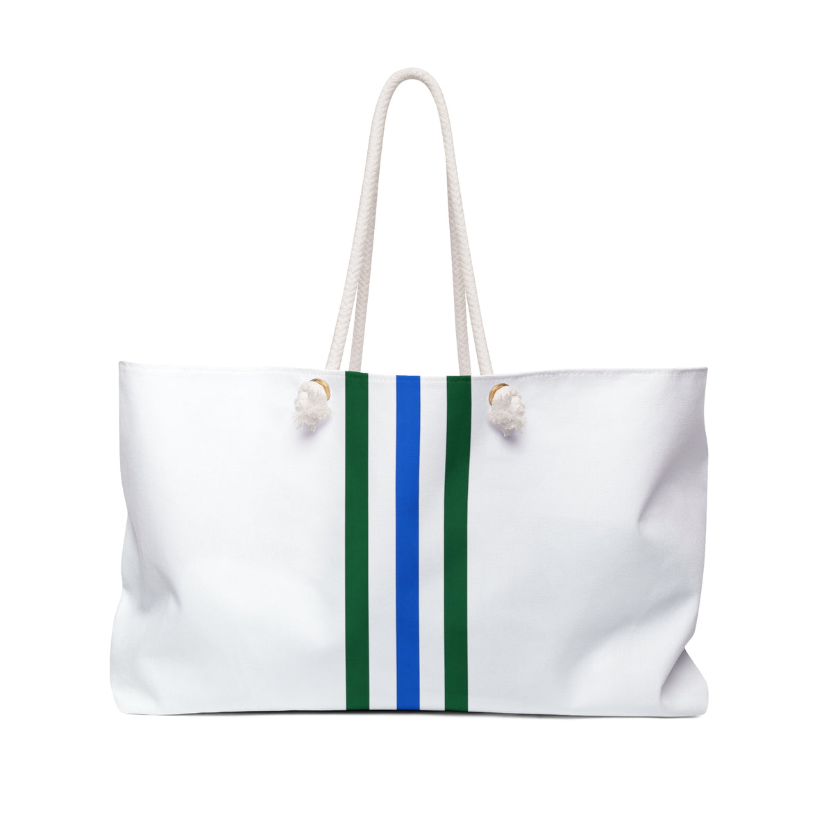 Striped Canvas Weekender Bag — White with Blue & Green Center Stripe