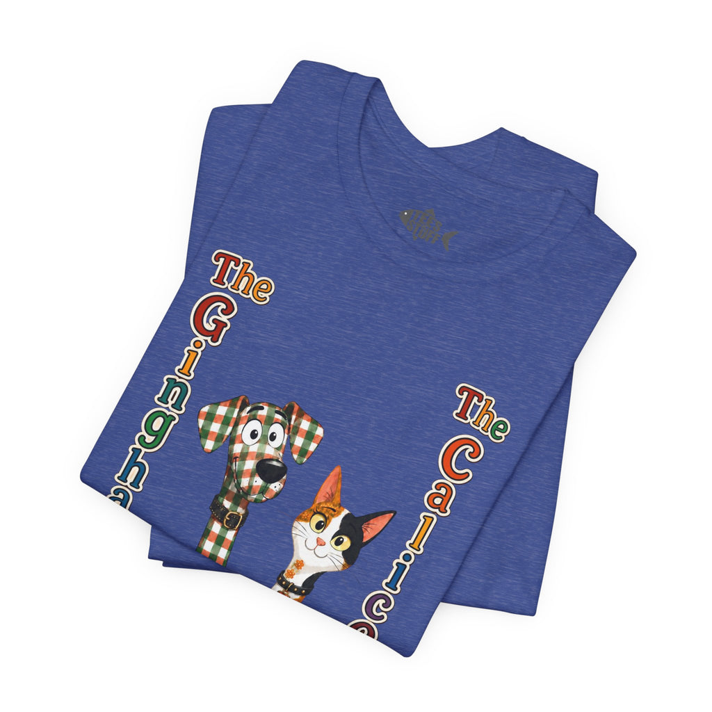 Gingham Dog & Calico Cat Tee — Plaid Pet Illustration T-Shirt