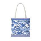 Nassau Blue Coastal Toile Tote Bag — Nautical Bahama / Palm Beach Scene All-Over Print