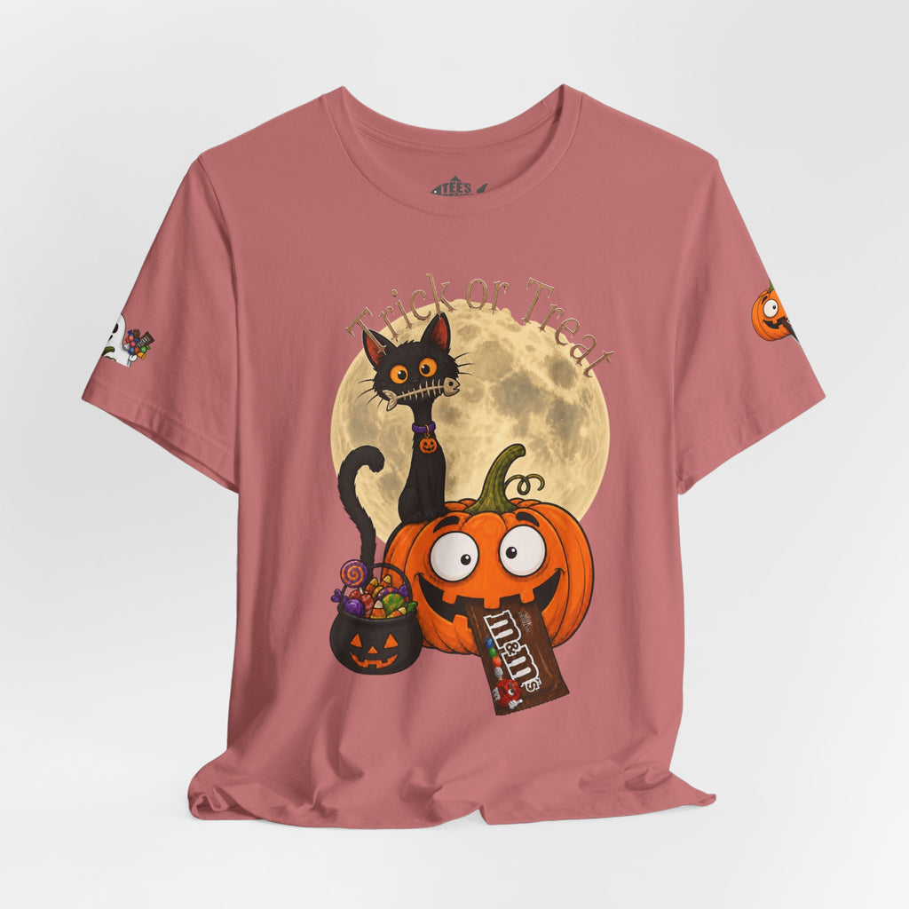 Dusty rose/ / Back, Front, sleeve design, Halloween T-shirt with a black cat orange pumpkin, full moon trick or treat candy bucket with candy and "Trick or Treat" text.