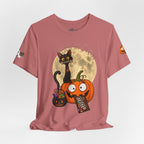 Dusty rose/ / Back, Front, sleeve design, Halloween T-shirt with a black cat orange pumpkin, full moon trick or treat candy bucket with candy and "Trick or Treat" text.