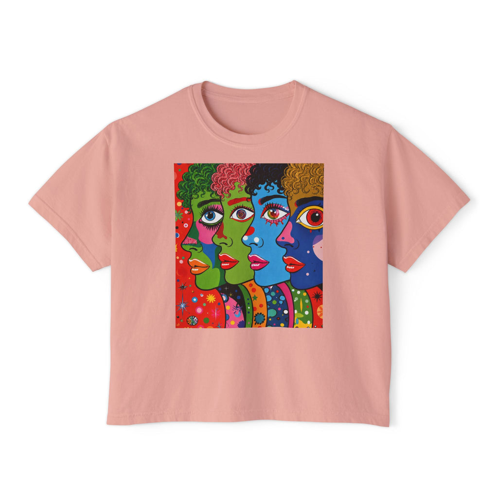 Women's Boxy Tee — Colorful Pop Art Faces Graphic Cropped T‑Shirt