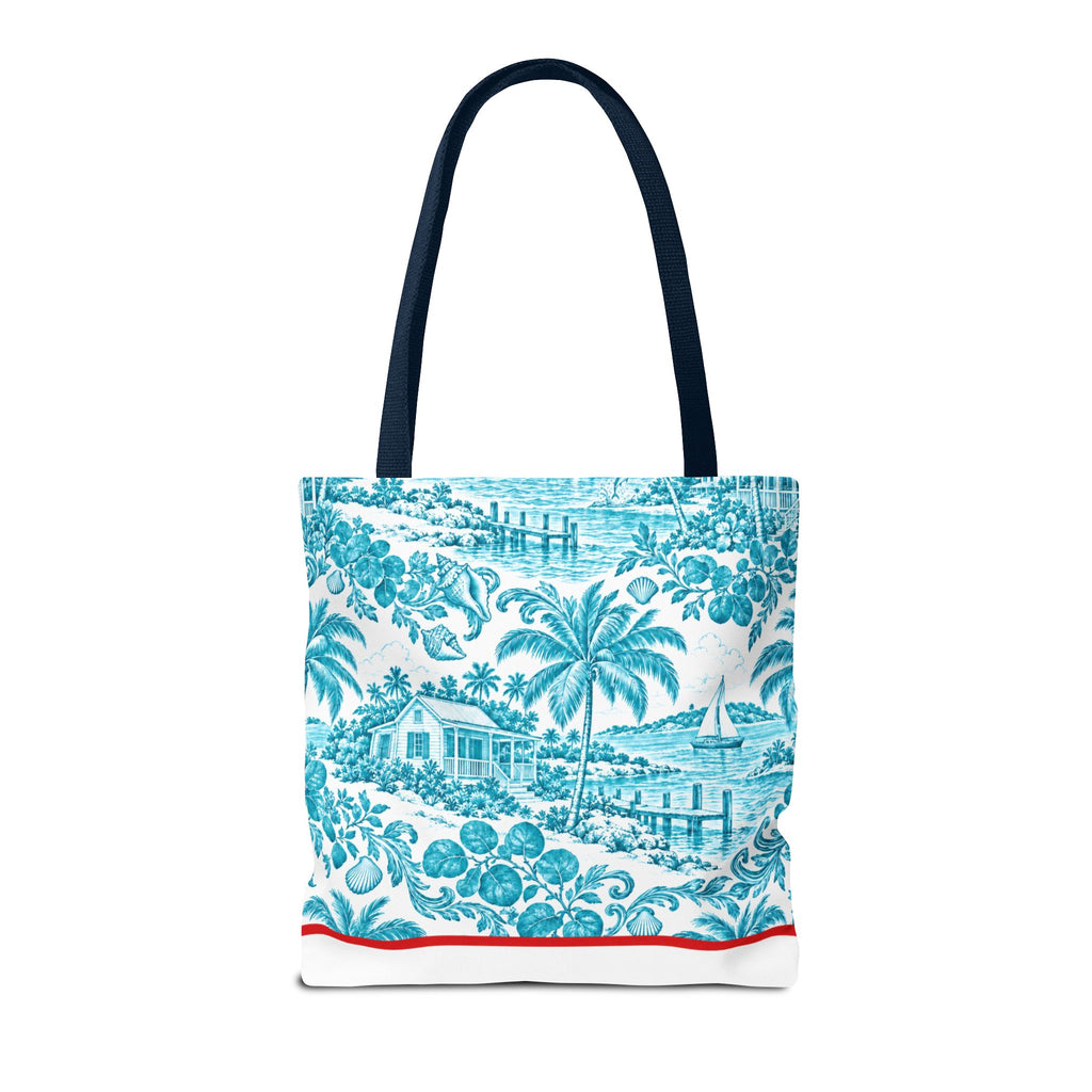 Turquoise coastal Toile Tote Bag- Palm Trees & Island Houses.