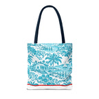 Turquoise coastal Toile Tote Bag- Palm Trees & Island Houses.