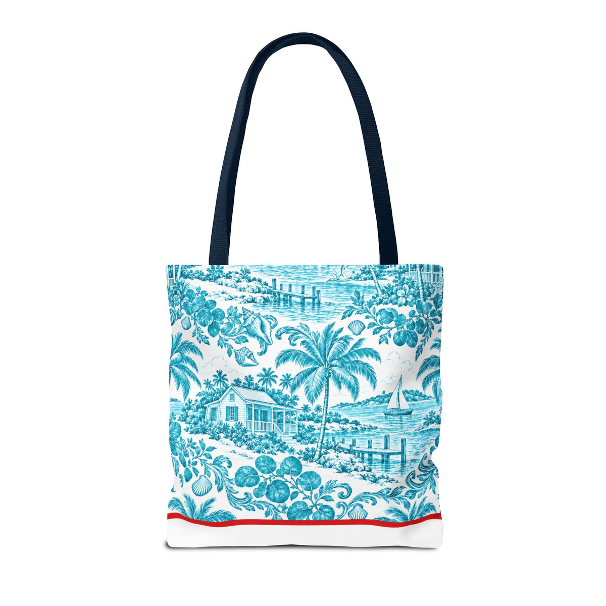 Turquoise coastal Toile Tote Bag- Palm Trees & Island Houses.