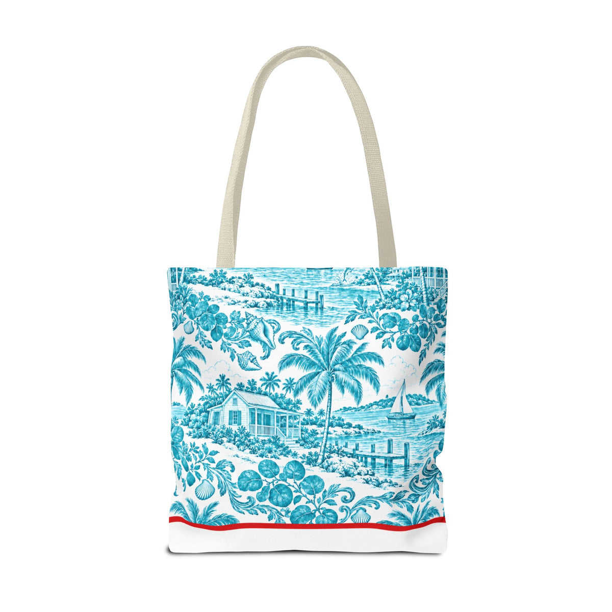 Turquoise coastal Toile Tote Bag- Palm Trees & Island Houses.