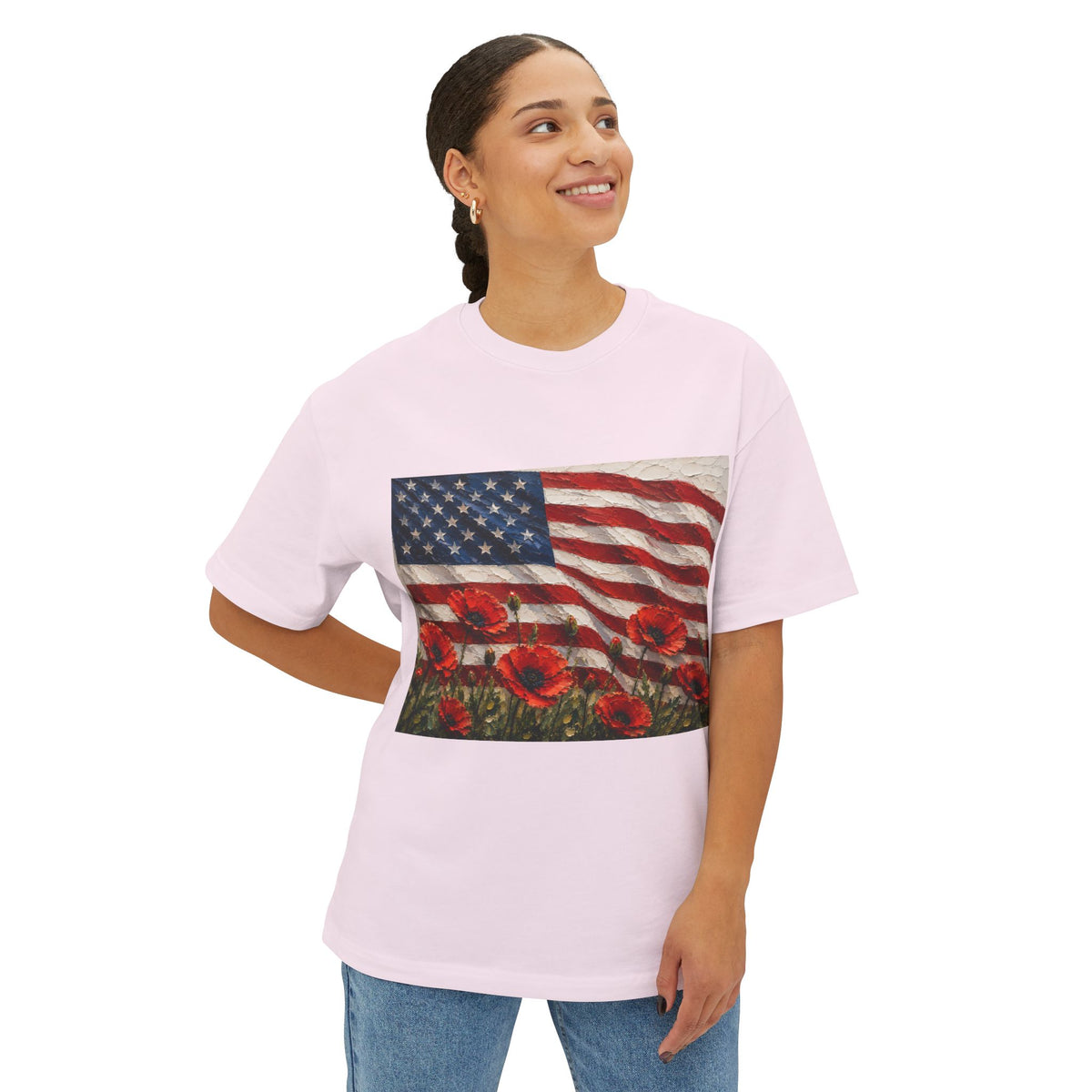 American Flag Poppy Tee Shirt -Unisex Oversized Boxy Tee