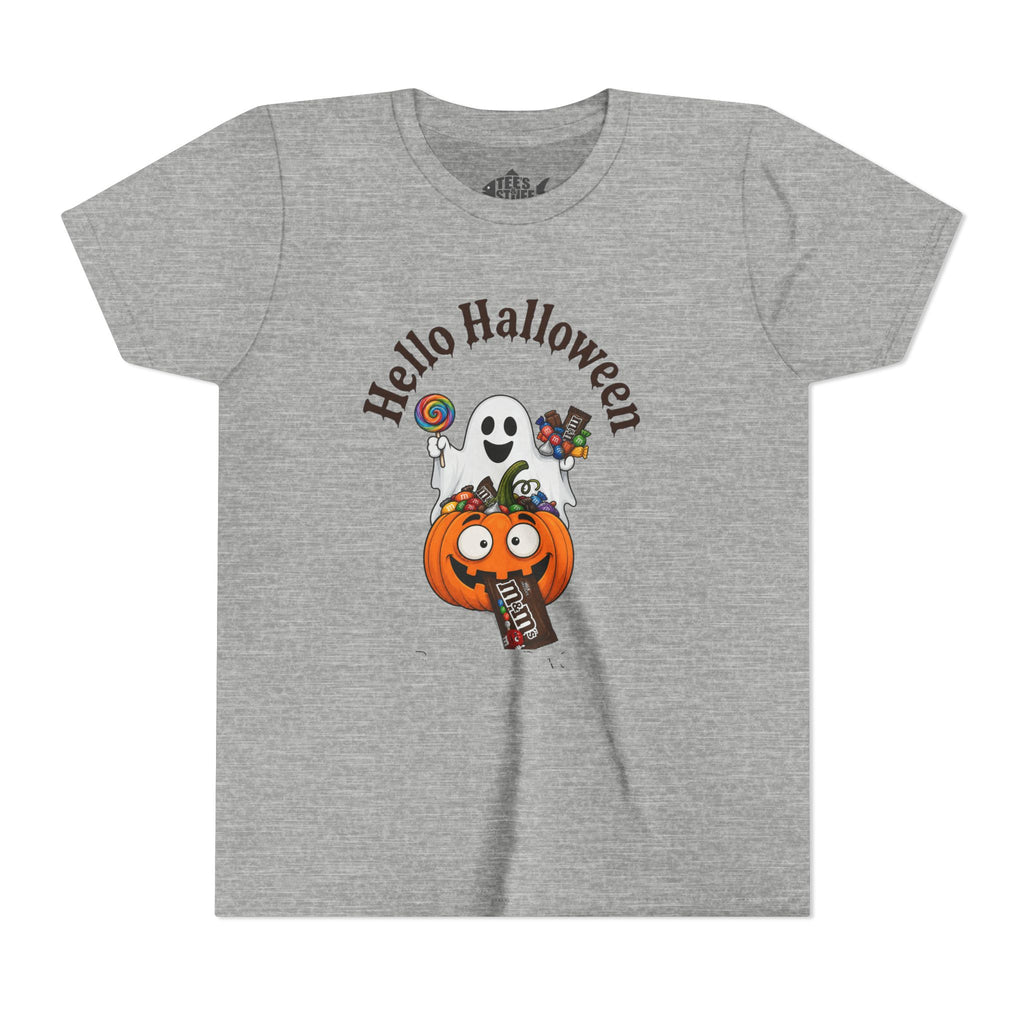 Youth Halloween Tee - "Hello Halloween" Ghost & Pumpkin Trick-or-Treat Shirt