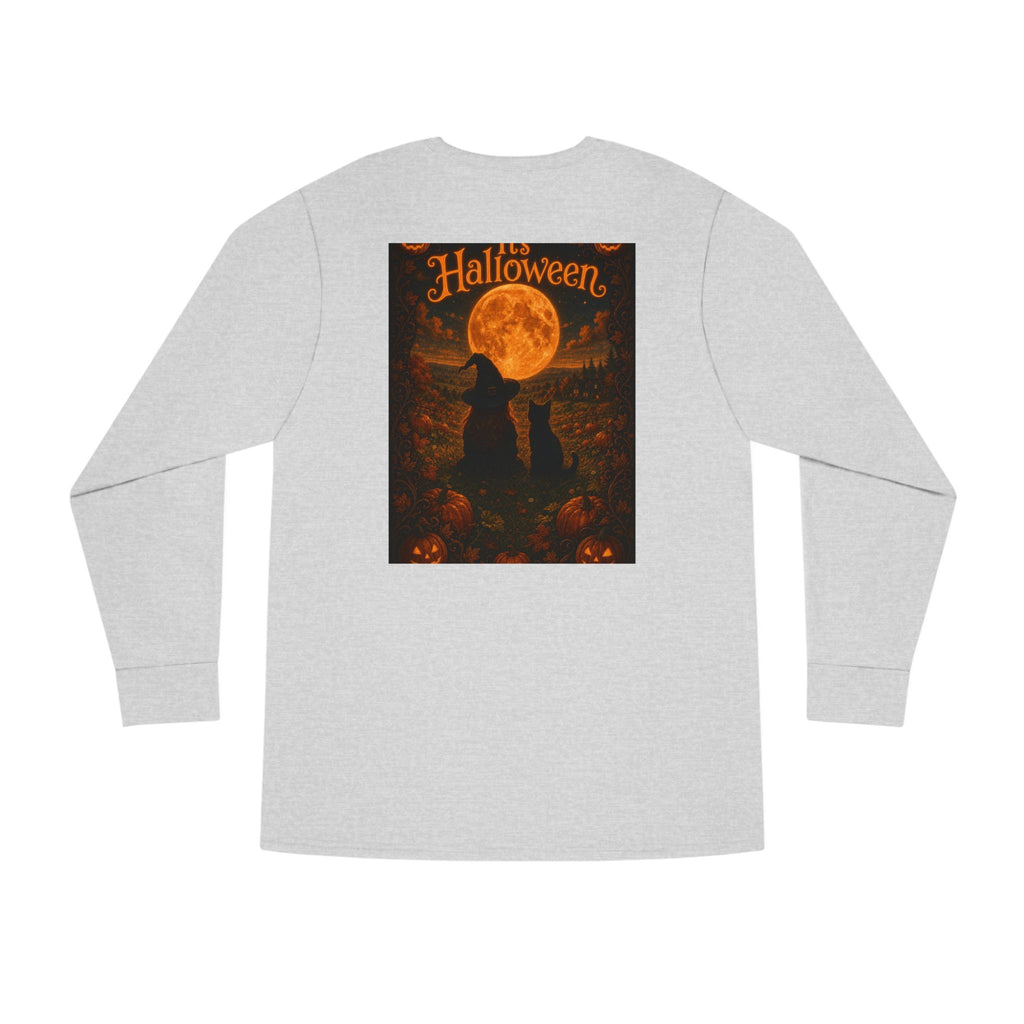 Halloween Cat Long Sleeve Tee — 'Hello Halloween' Jack-O'-Lantern Graphic
